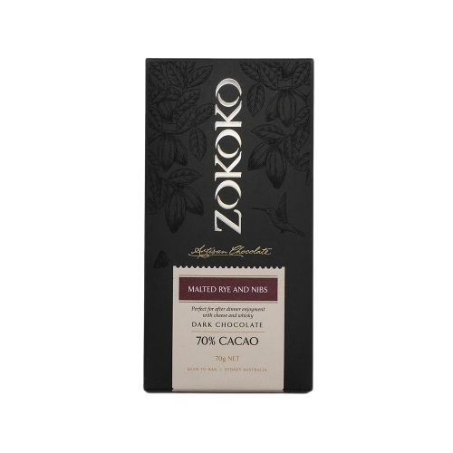 Zokoko Malted Rye and Nibs Dark Chocolate Bar 70g